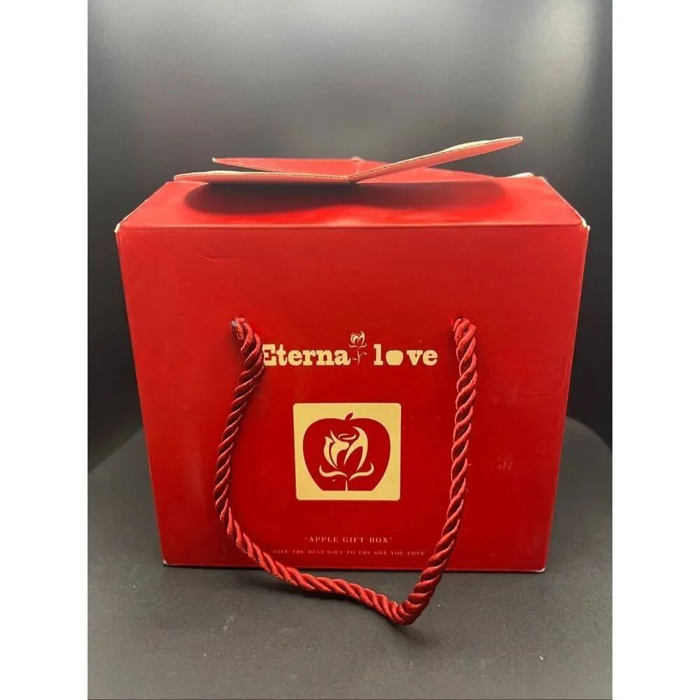 Red Apple Faux Rose Large Gift Box Gold Tone Cubic Zirconia Love Knot Necklace